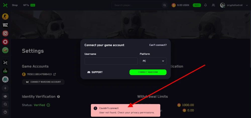 Error connecting Warzone account to the Exeedme platform